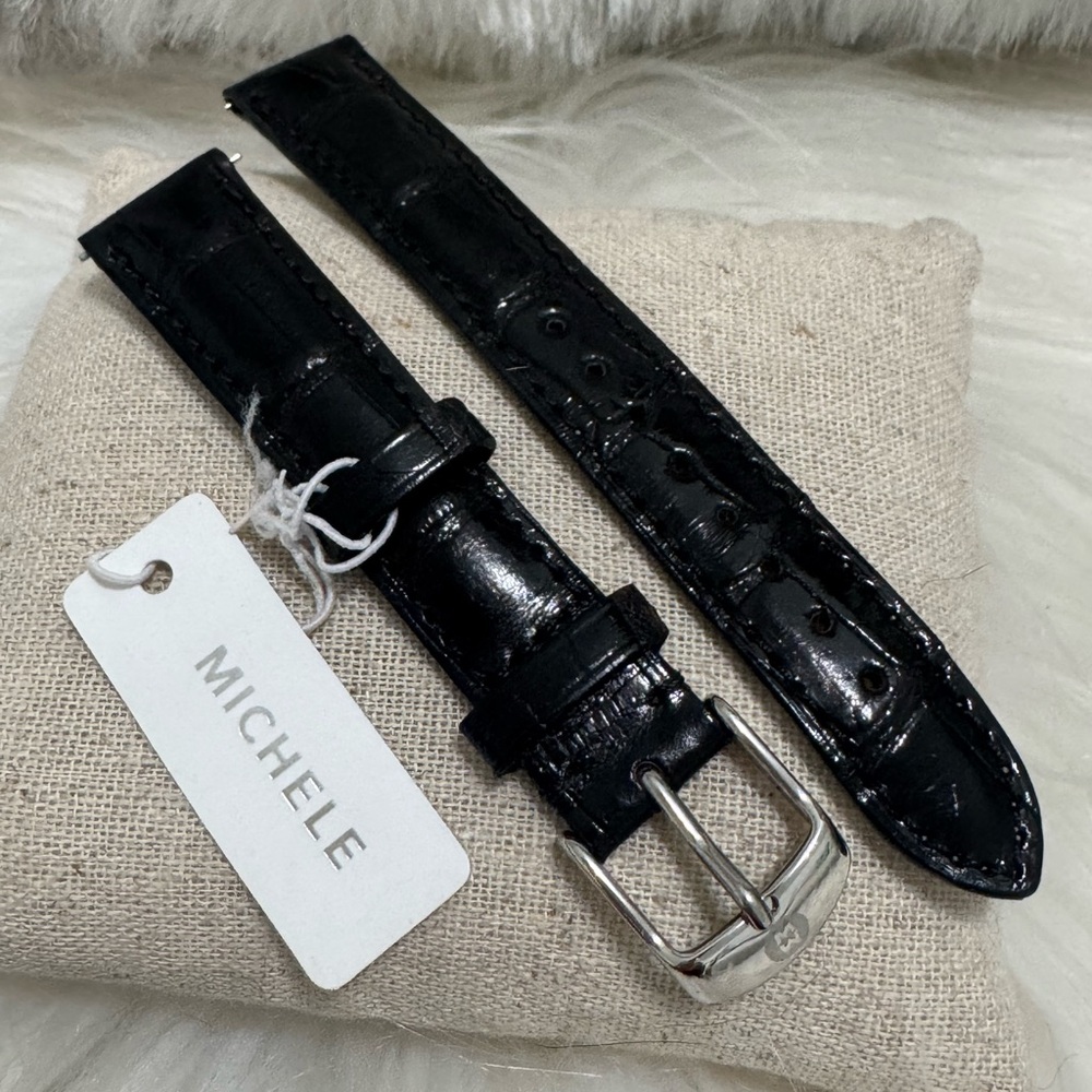 NEW wTags Michele 16MM Alligator Patent Black Leather Watch Band MSRP $200.00